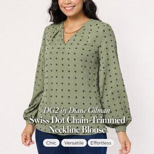 🆕DG2 Diane Gilman Swiss Dot Blouse Sage Green Chain Neck Long Sleeve Top Sz L